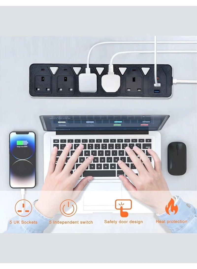 TRADAMIX 2000W power strip with five outlets, two USB ports, and a Type-C fast charging port; durable 3-meter cord; child safety lock and on/off switch – multi-socket for home and office use - Image 4